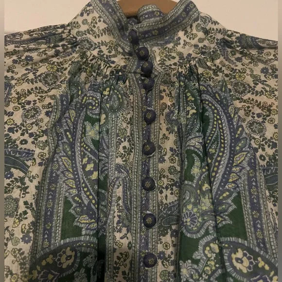 ZIMMERMANN OTTIE LINEN BILLOW BLOUSE GREEN PAISLEY - Picture 4 of 14